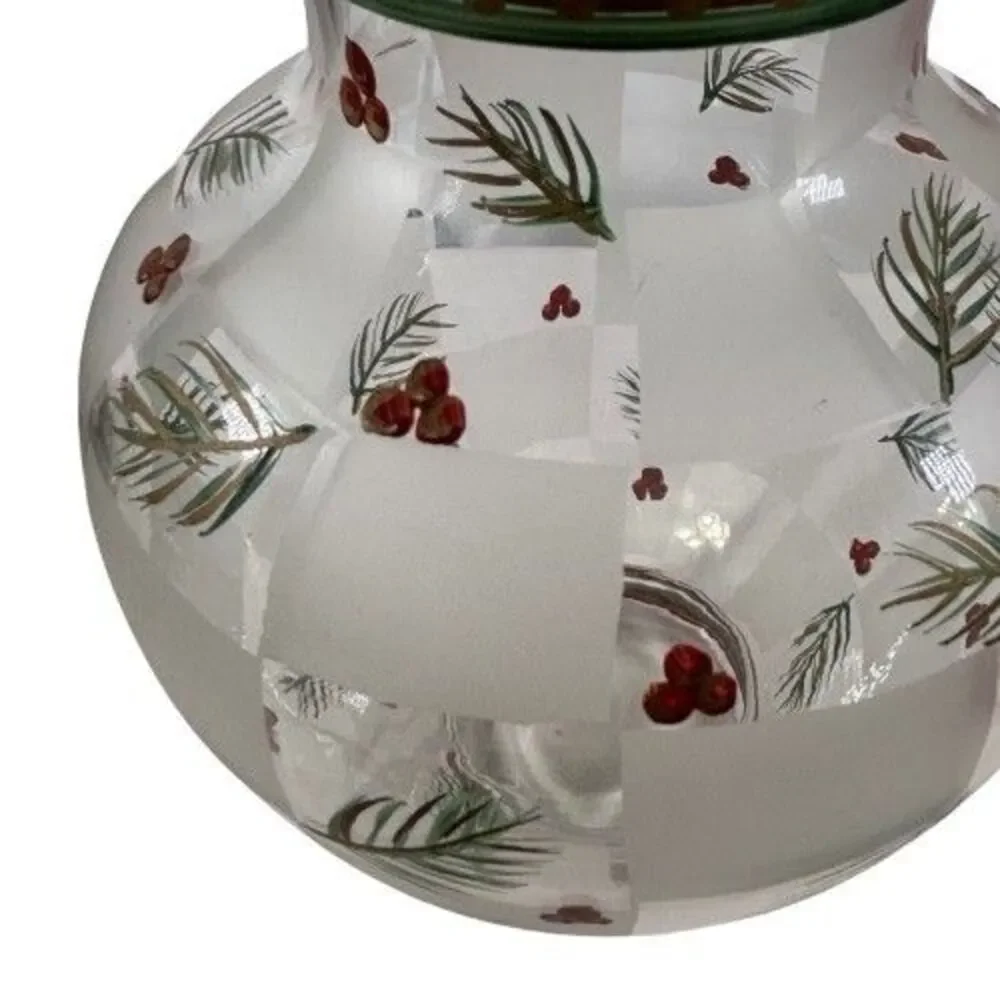 LG Glass Holly Berry & Pinecones Vase Hand Painted VTG Winter Holiday Christmas